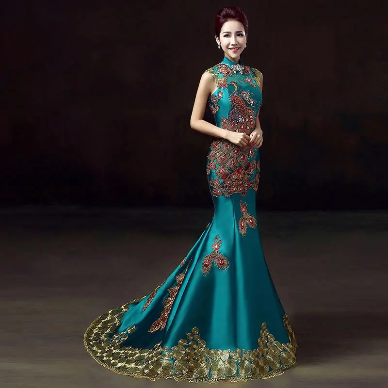 Зеленое роскошное вечернее платье с вышивкой, китайское свадебное платье Cheongsam, вечернее красивое китайское платье, халат Chinoise Femme Qipao