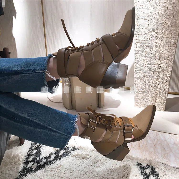 

2018 Spring Summer Pointed Toe Women Boots Black Cuts Out Buckle Designer Lace Up Women Ankle Boots Punk Style Sexy Women Boots