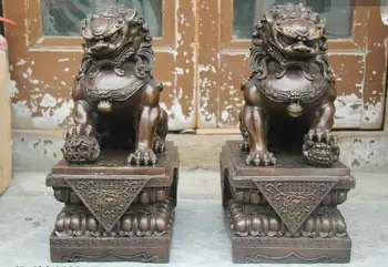 

18" China Pure Copper Bronze Fengshui Guardian Door Fu Foo Dog Lion Statue Pair