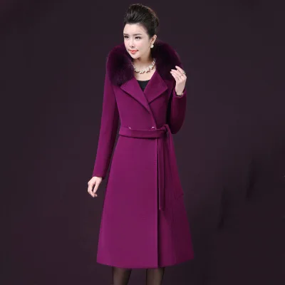 Зимняя новая Длинная шерстяная куртка с меховым воротником и лисьим мехом, куртка для женщин, осенне-зимняя модная Офисная Женская хлопковая куртка, B520 - Цвет: Rose red