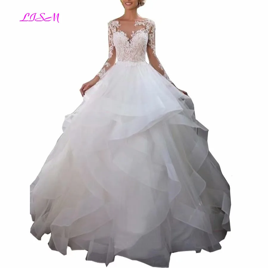 Свадебное платье с оборками кружевное свадебное платье с аппликацией mariage Illusion с длинными рукавами с открытой спиной Принцесса бальное платье Свадебные платья - Цвет: White