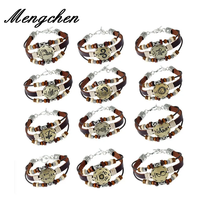 

Fashion 12 Constellations Leather Zodiac Sign with beads Bangle Toggle Bracelets For Men Boys Jewelry Travel Accessories Gifts
