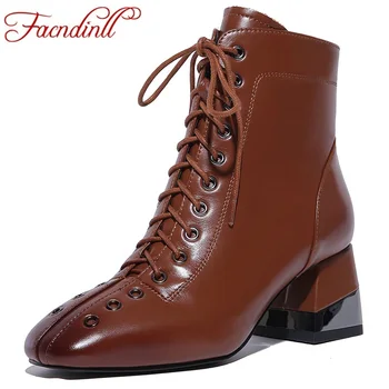 

FACNDINLL 2018 new fashion ankle boots for women shoes genuine leather high heels lace up shoes woman motorcycle riding boots