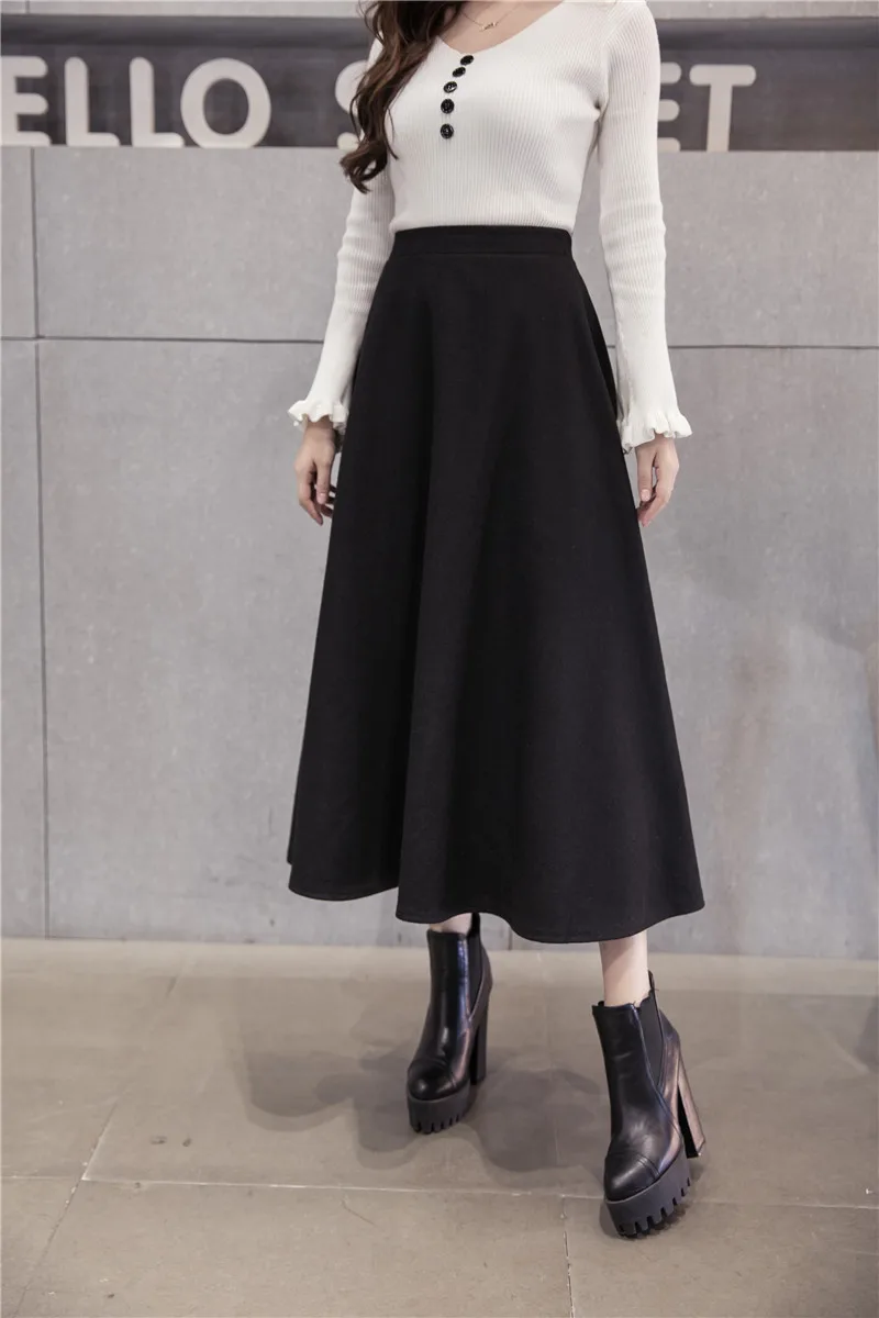 Осень-зима, женские теплые шерстяные юбки, женская элегантная Корейская версия, юбка с высокой талией для девушек, Длинные шерстяные юбки для женщин