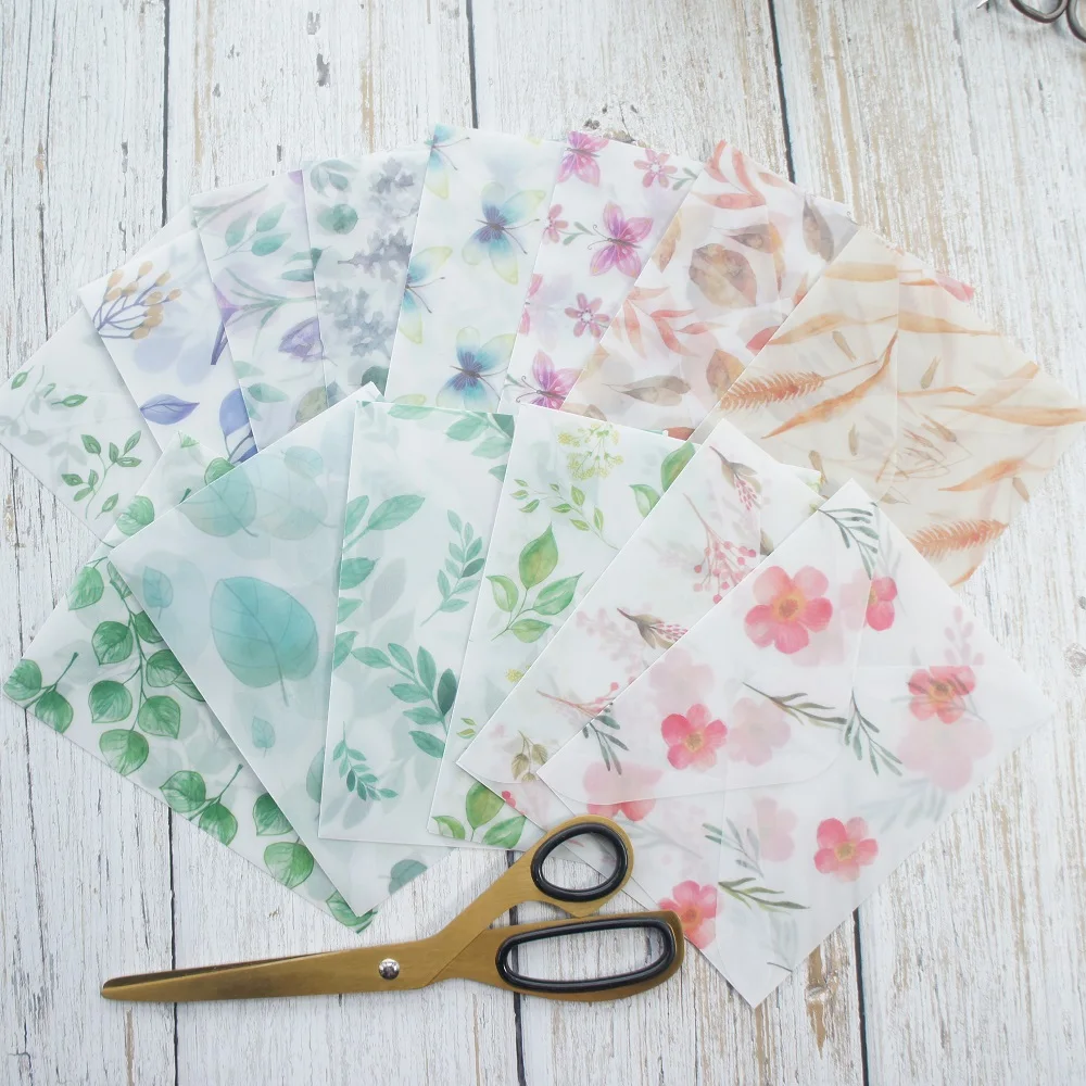 

10*15cm 4pcs mix leaves flower feather four season design envelop as postcard message card invitation envelop transparent paper