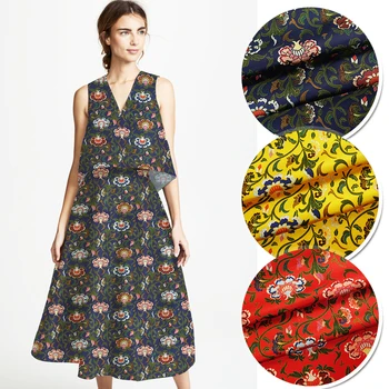 

114CM Wide 40MM Floral Print Stretch Dark Blue Yellow Red Silk Fabric Good for Spring Summer Dress Skirt Shirt Pants JH061