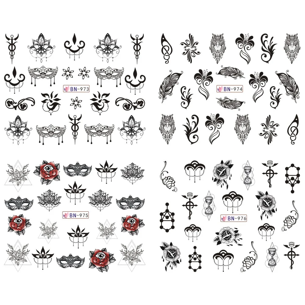 12 видов конструкций наклейки для лака для ногтей Ретро черная сова ювелирные изделия цветы маска перо символ Водные Наклейки Маникюр татуировки BEBN973-984