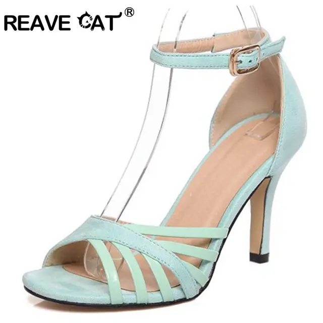 REAVE CAT Brand Flock Ladies Mid heels Shoes woman Large size 33-43 Party Sexy Buckle strap Cutouts Thin heels Rubber RL2492