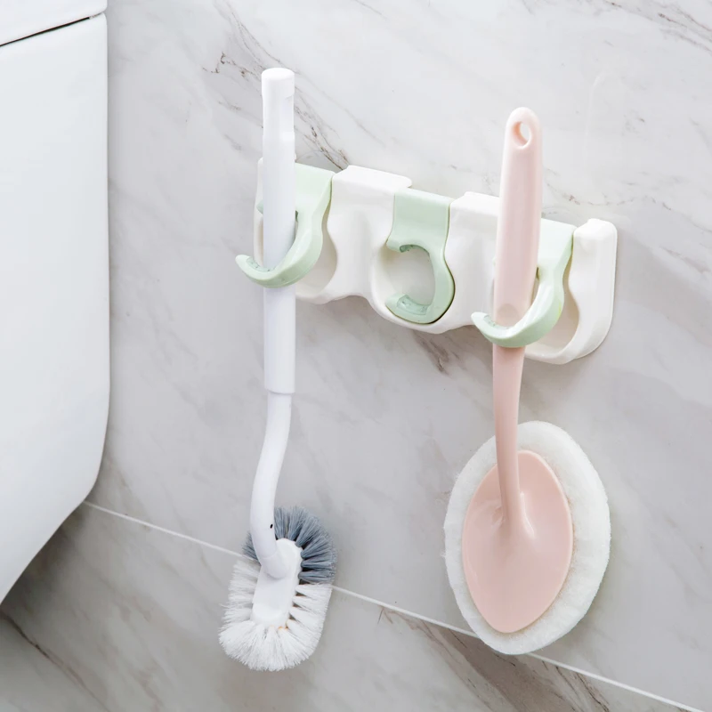 Basupply 1 pc Nail-free Mop Clips Strong Adhesive Hanging Hook Bathroom Storage Wall-mounted Broom Rack ,