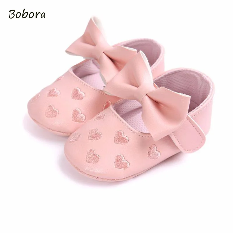 Big Bow Embroidery Love Soft Bottom Kids ShoesNon-slip Baby Shoes Prewalkers Boots Newborn Babies Shoes Soft Bottom PU Leather  