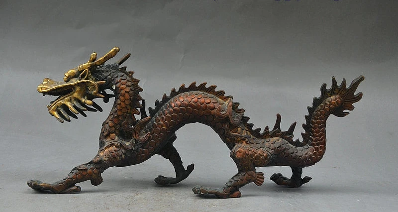 

11" Folk China FengShui Bronze Gilt Auspicious Wealth Myth Animal Dragon Statue