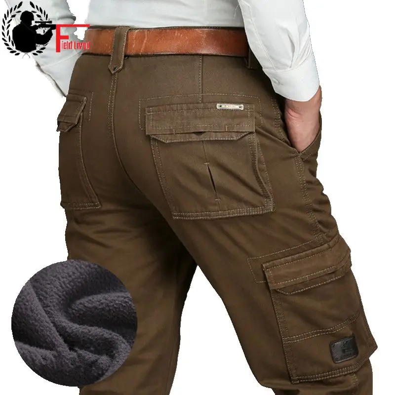 Fleece Warm Winter Cargo Pants Men's Casual Loose Multi pocket Male ...