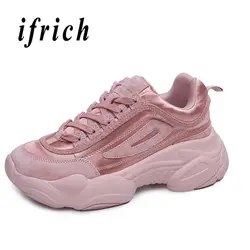 Оригинальные спортивные туфли для женщин толстой подошве Прогулки обувь на шнурках обувь девочек беговая Обувь розовый серый жен