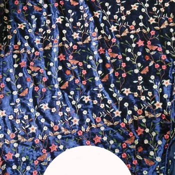 

Navy blue velvet embroidered fabric water soluble embroidery