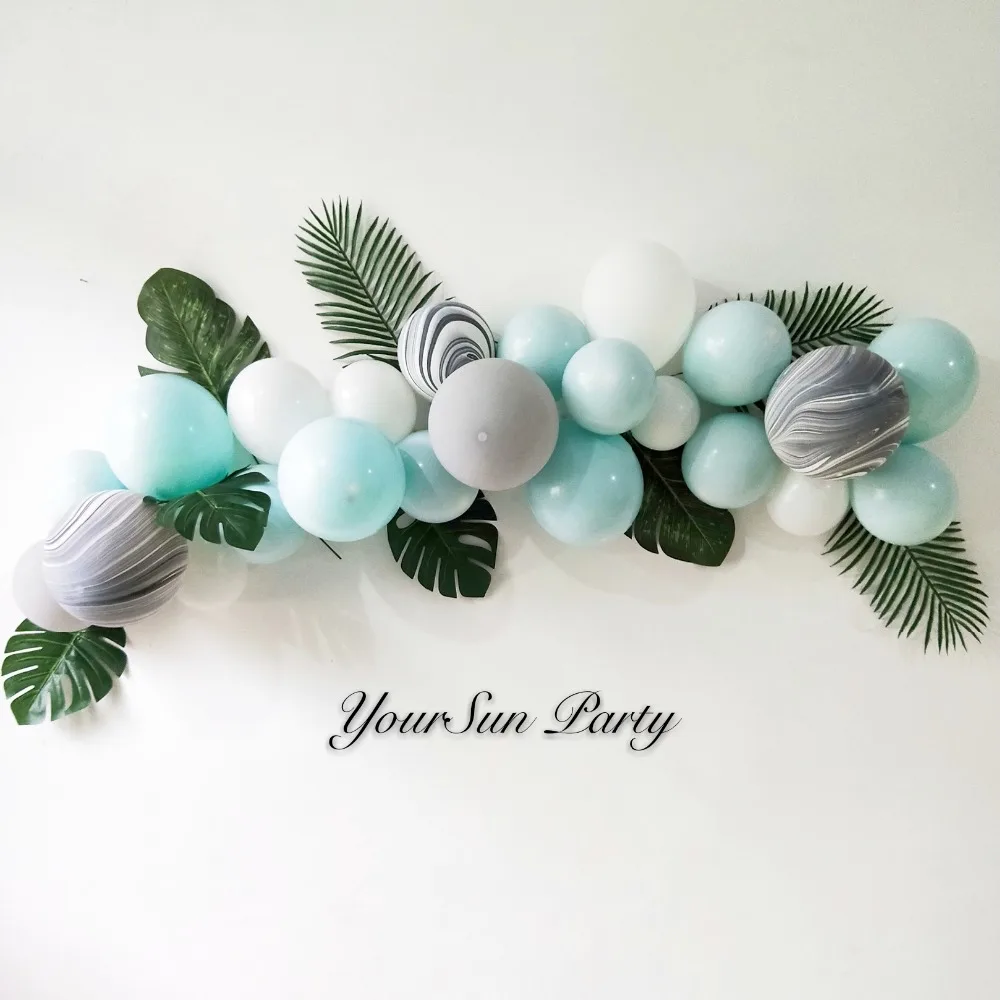 

Free Shipping Mint Balloon Arches With Greenery Leaves Decors Baby Boy Birthday Party Photo Shooting Props DIY Kits