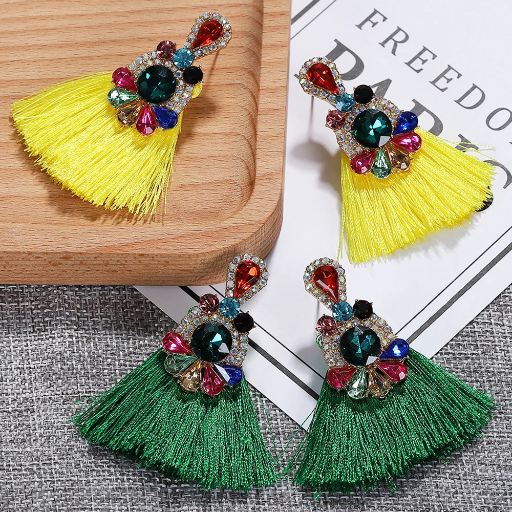 

Best lady New Boho Multi Color Glass Crystal Tassel Earrings for Women 2 Designs How Wedding Long Fringed Drop Earrings Party