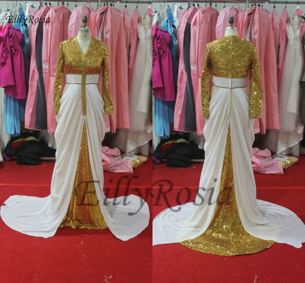 

White and Gold Sequin Long Sleeve Evening Dresses 2019 Chiffon Sparkly Arabic Evening Gowns for Muslim Women gala jurken dames
