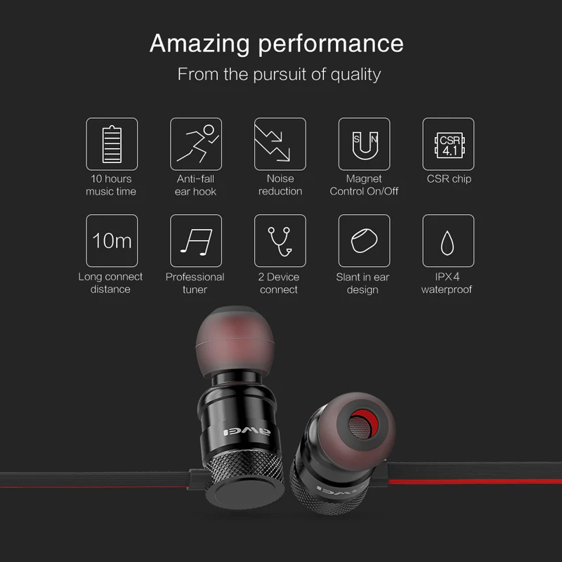 Awei A920BLS Wireless Earphones Bluetooth Headset Headphone 10H Music Time Sport IPX5 Waterproof Earphone With Mic For Phone