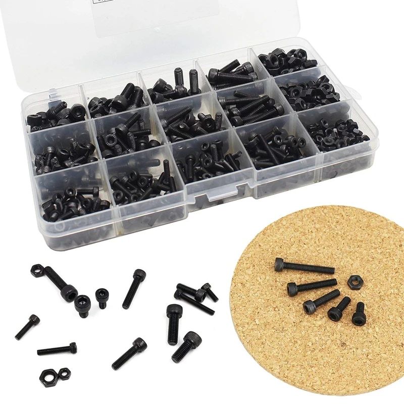 500PCS M3M4M5 Alloy Steel Socket Cap Screws Hex Head Bolt Nuts Assortment Kit 6