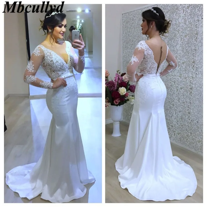 

Mbcullyd Sheer Backless Mermaid Wedding Dresses 2019 Applique Lace Formal vestido de noiva Plus Size Gelinlik Cheap Custom Made
