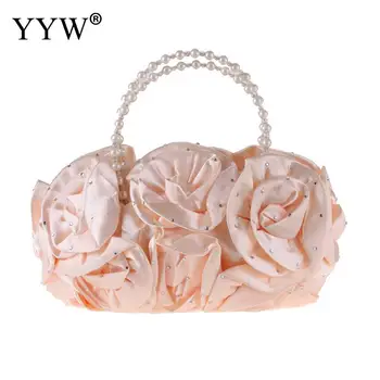 

Champagne Clutches Bag For Women Flower Clutch Bride Wedding Bags With Rhinestone Pearl Top Handle Hand Bags Pink Handbag Black