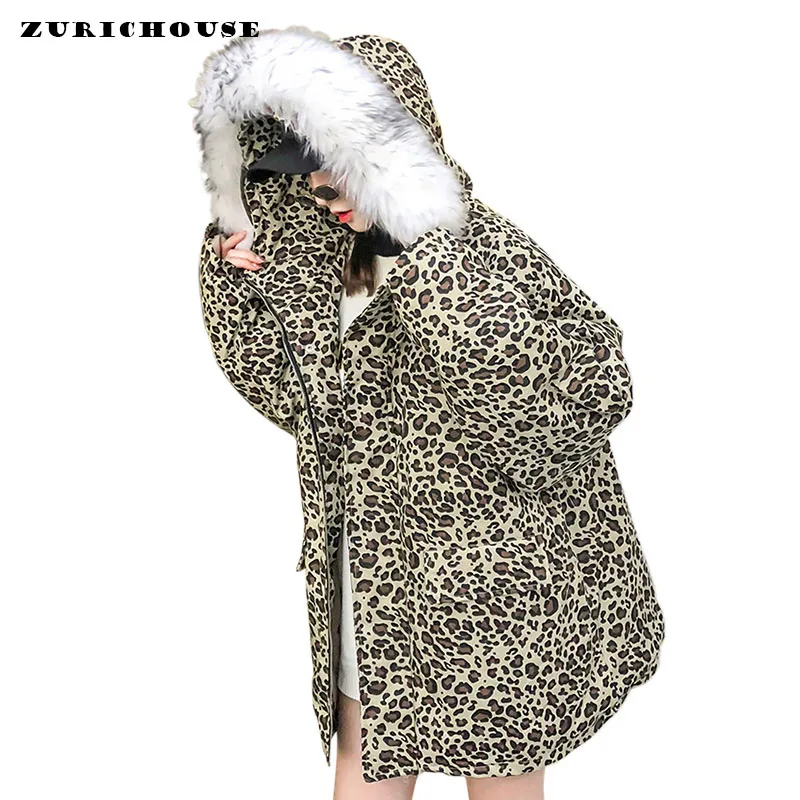 

Winter Jacket Women Lambswool Big Fur Collar Long Outwear 2019 New Arrival Leopard Print Jacket Cotton Padded Coat Female Parkas