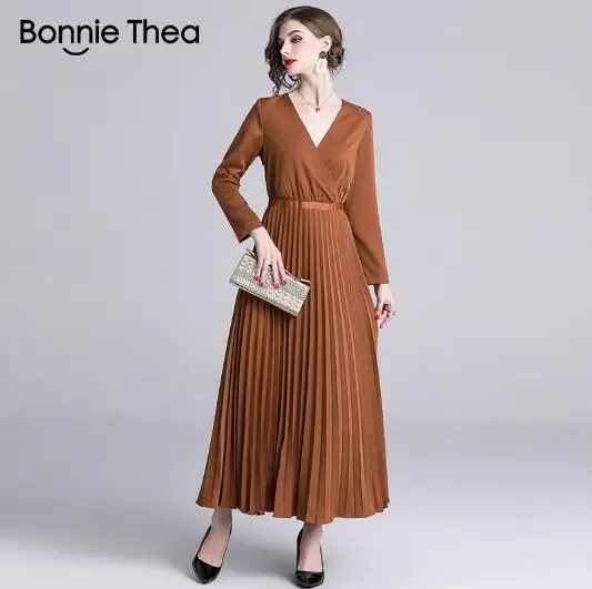 Bonnie Thea, Женское зимнее однотонное Плиссированное макси платье, женское осеннее элегантное вечернее платье, винтажное женское лоскутное платье - Цвет: Коричневый