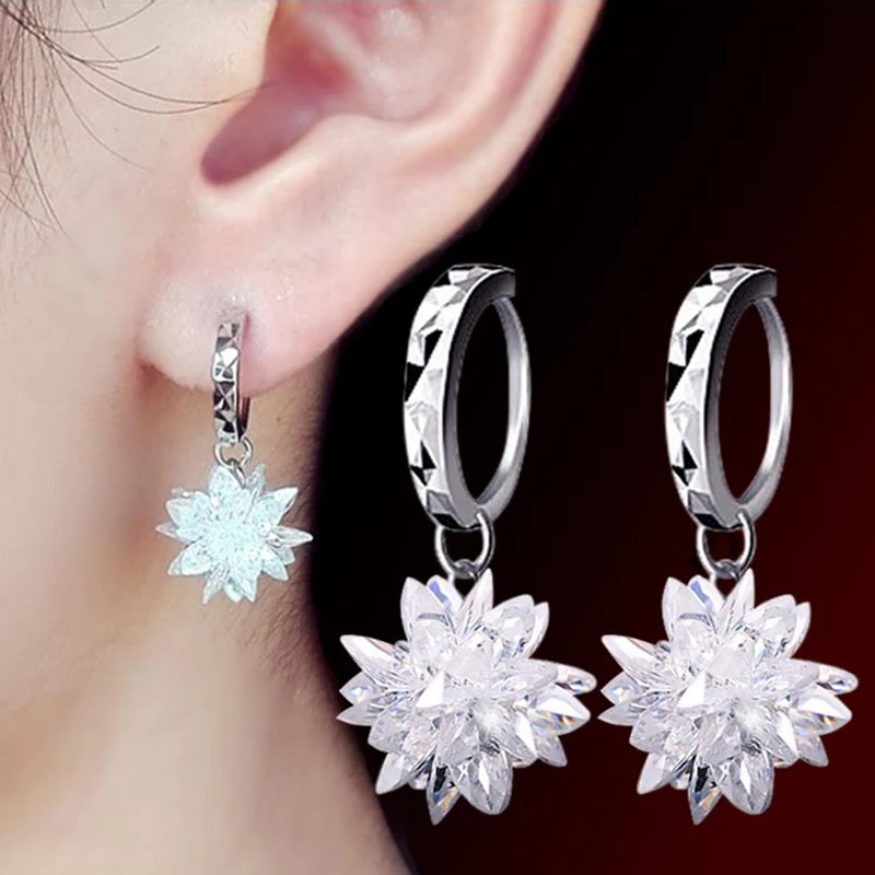 

Luxury 925 Sterling Silver Jewelry Fashion Hypoallergenic Big Crystal Flowers Hoop Earrings For Women Girl Brincos 2Y400
