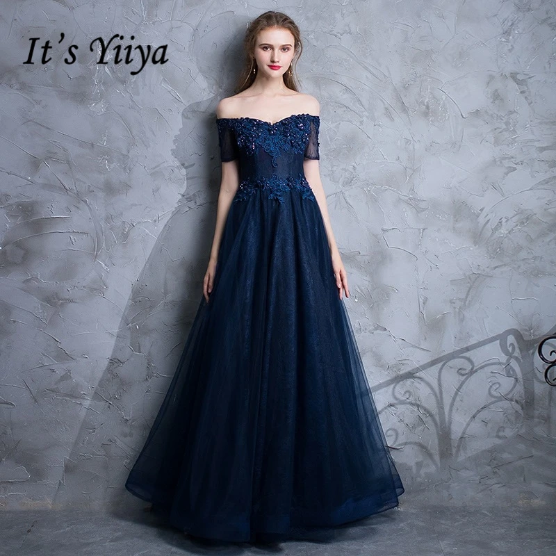 It s YiiYa Deep  Blue  Boat Neck Prom  Dresses  Floor Length 