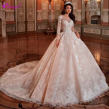 

Detmgel Beaded Scoop Neck Long Sleeve A-Line Wedding Dress 2020 Gorgeous Lace Appliques Chapel Train Bride Gown Vestido de Noiva
