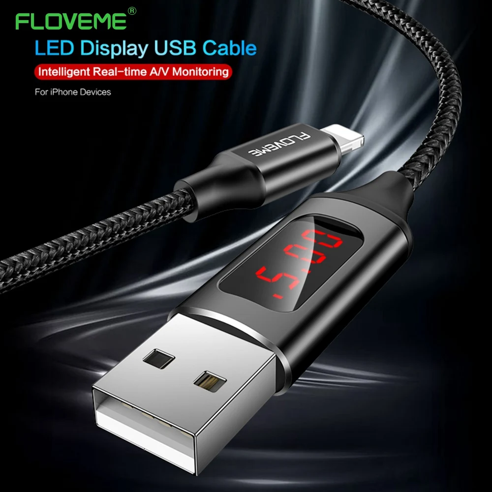 Koop FLOVEME LED Digitale USB Kabel Voor Apple iPhone X 7 8 6 Plus Charger 2.1A Lading Data Voor Lightning Kabels nylon Gevlochten Kabel
