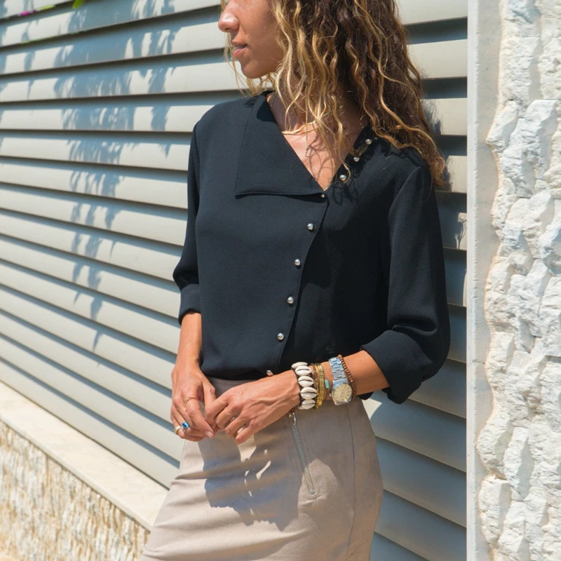 

Chiffon top 2019 fashion women's long sleeves and tops collar collar oblique collar office shirt casual blouse -A16