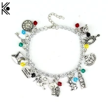 BÉBEME Alice in Wonderland Charm Pulseras y Brazaletes de Cuento de Hadas Historia Sombrerero sombrero del Conejo clave reloj Rojo bolas de Cristal pulsera