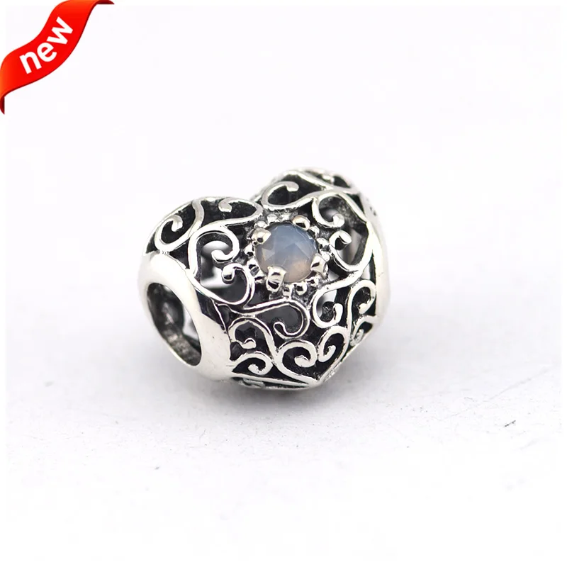 Подходит для браслетов Pandora June фирменное сердце амулеты с серым лунный камень 100%