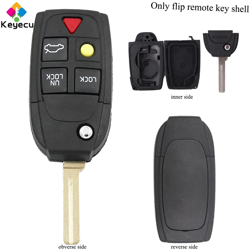 

KEYECU Replacement Folding Remote Car Key Shell - 4+1/ 5 Buttons & Uncut Blade- FOB for Volvo S60 S70 S80 S90 V70 2001 2002 2003