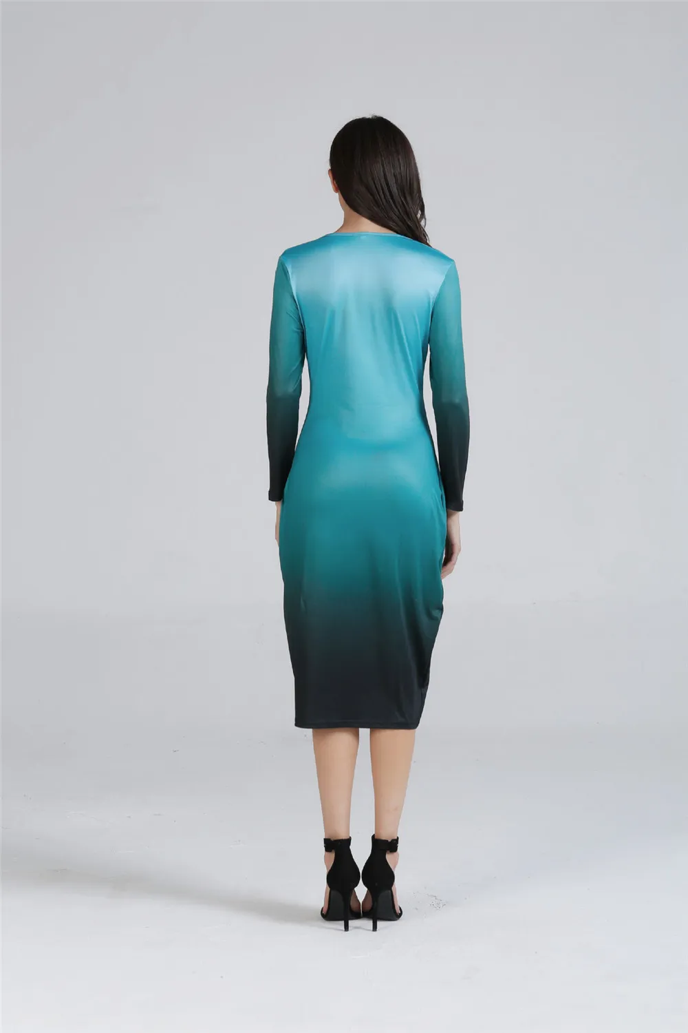 Women Basic Dress 2018 Gradient Ramp O Neck Long Sleeve Slim Dresses Bodycon Midi Office Working Dress Elegant All Match (39)