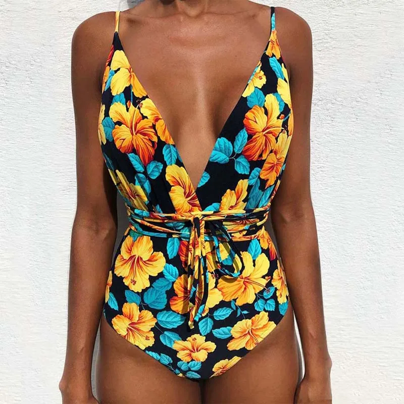

New Women 2019 Bikini Sexy Print Brazilian One Piece Swimsuit Retro High Waist Bodysuit Backless High Cut Swimwear bathing suit