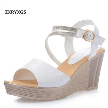 

ZXRYXGS Brand Sandals Open Toe Summer Women Sandals Fashion Shoes Rhinestone High-heeled Sandals Slope with Real Leather Sandals