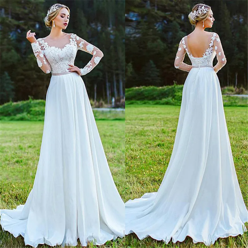 

Bateau Neckline A-Line Wedding Dresses 2019 Chiffon With Lace Appliques Long Sleeves Outside Bridal Dress