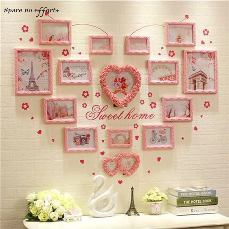

Pink Heart-Shaped Wood Photo Frame Wall Decoration Wedding Photo Frame Wall Birthday Wedding Gift Lovely Picture Frame 15pcs