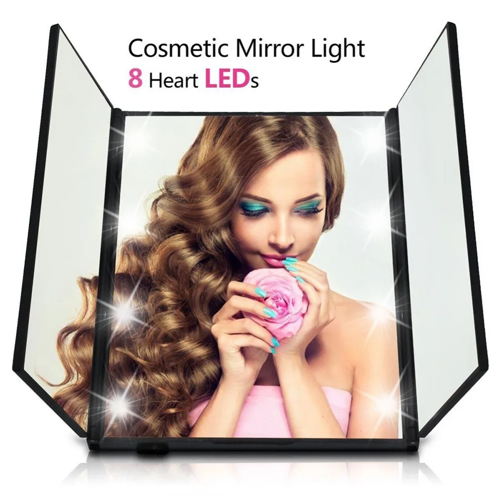 Трехстороннее складное 8 светодиодный зеркало для макияжа с подсветкой косметическое туалетное настольное Зеркало для женщин косметический инструмент для макияжа#250105