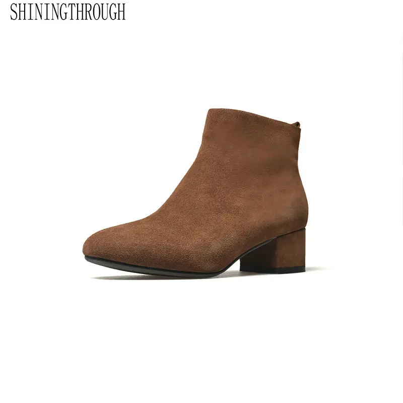 

Genuine Leather Women Fashion Ankle Zipper Women Boots Sexy Square Med Heel Women Shoes 3color Spring Autumn Party Shoes