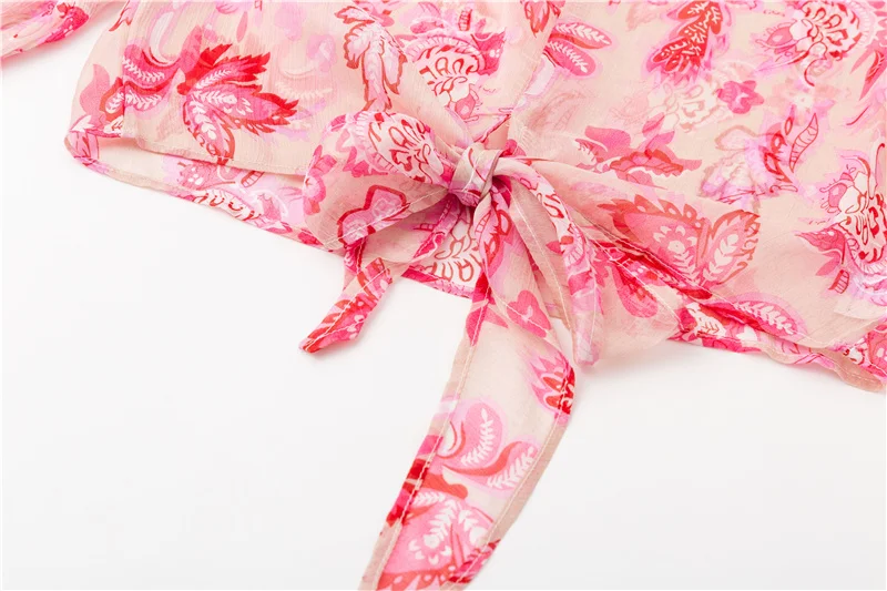 ShejoinSheenjoy Boho Floral Print Chiffon Blouse Flare Sleeve Autumn Stand Women Tops Pink Waist Bow Tie Ladies Casual Shirt (7)