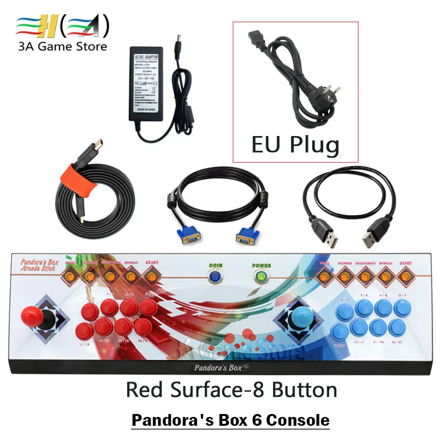 Pandora Box 6 1300 в 1 аркадный джойстик контроллер 8 кнопочный светодиодный светильник 2 игрока Консоль может добавить 3000 игр usb джойстик для ПК - Цвет: 8button red EU plug