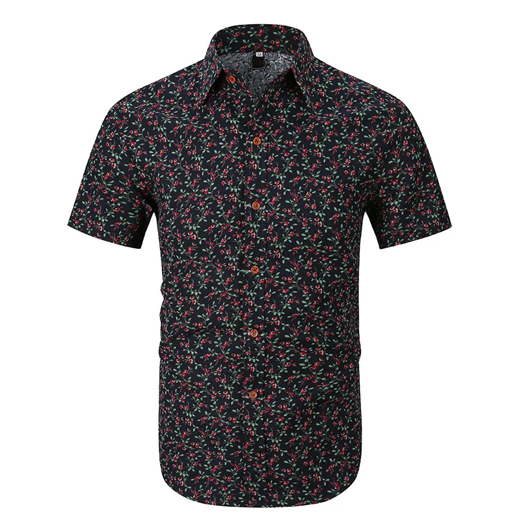 

Personality Mens Elegant black O-Neck printed collar Casual Slim Short Sleeve Printed Shirt Top Blouse men's clothing casual #35