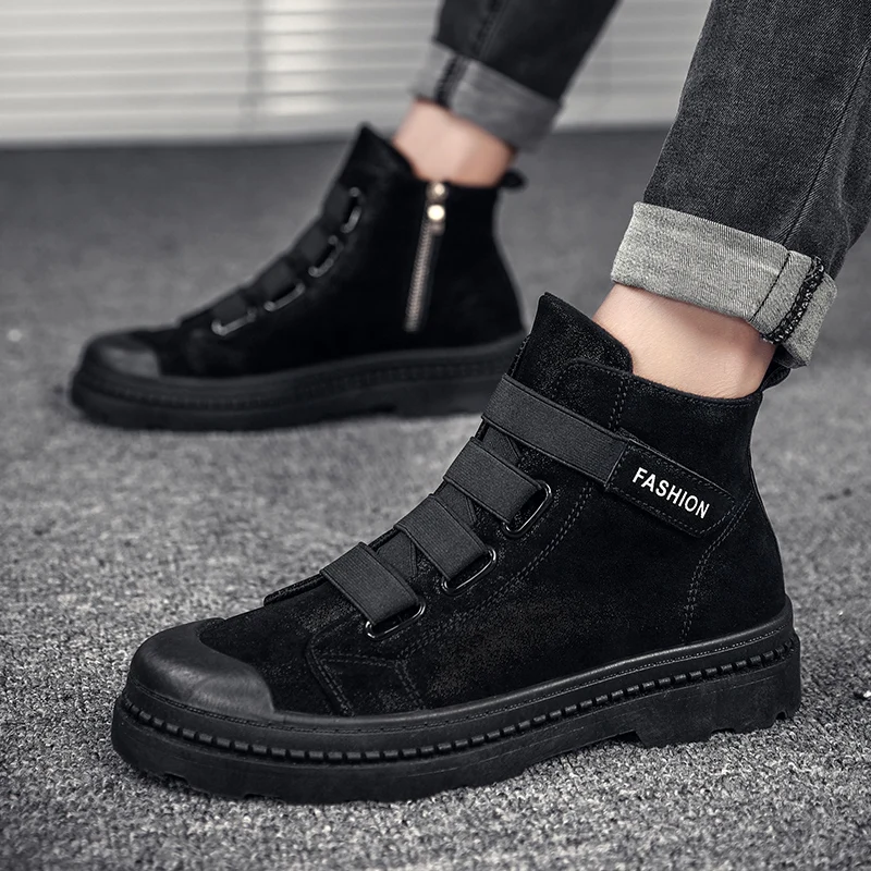 

Spring Autumn Men Boots Black Fashion Men Casual Shoes Comfortable Male Zipper Boots Rubber Sole Anti-Slip Man Casual Boots