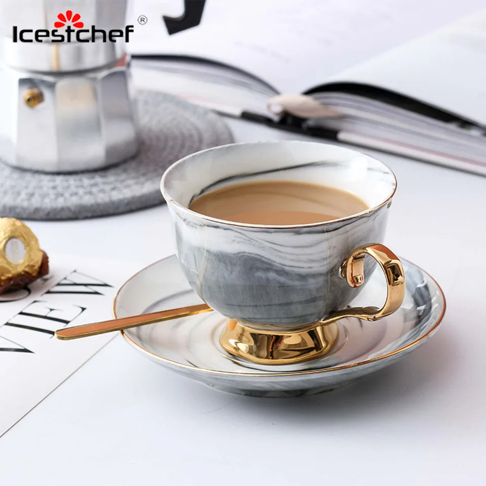 ICESTCHEF 200 мл керамическая кофейная кружка с блюдцем кофейная молочная чашка с золотым краем фарфоровая кружка посуда для напитков