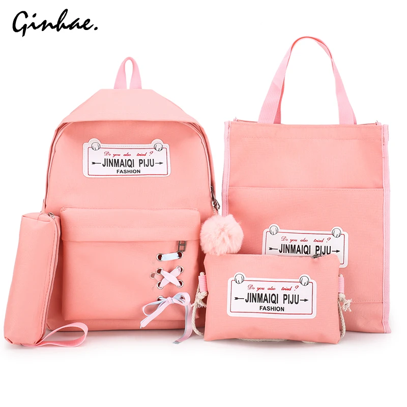 

4Pcs/Set Lady Ribbon Letter Canvas Backpack Women Bow Shoulder Bags Vintage Solid Rucksack Travel School Bags For Teenage Girls