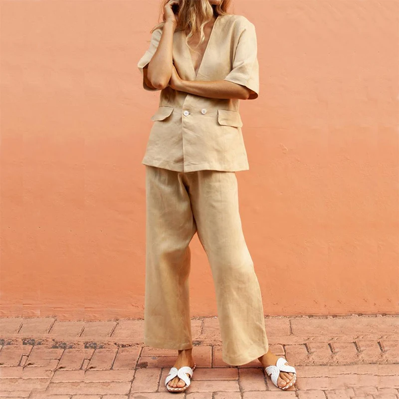 

2 piece set women Short Sleeve V Neck Button womens tops and blouses Hight Waist Long Pants Solid Loose two piece outfits