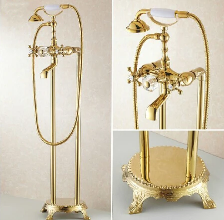 

Free Shipping Bathroom Gold Floor Stand Bathtub Faucet Set Telephone Type Bath Shower Mixer Brass Shower set Luxury Bathtub Tap